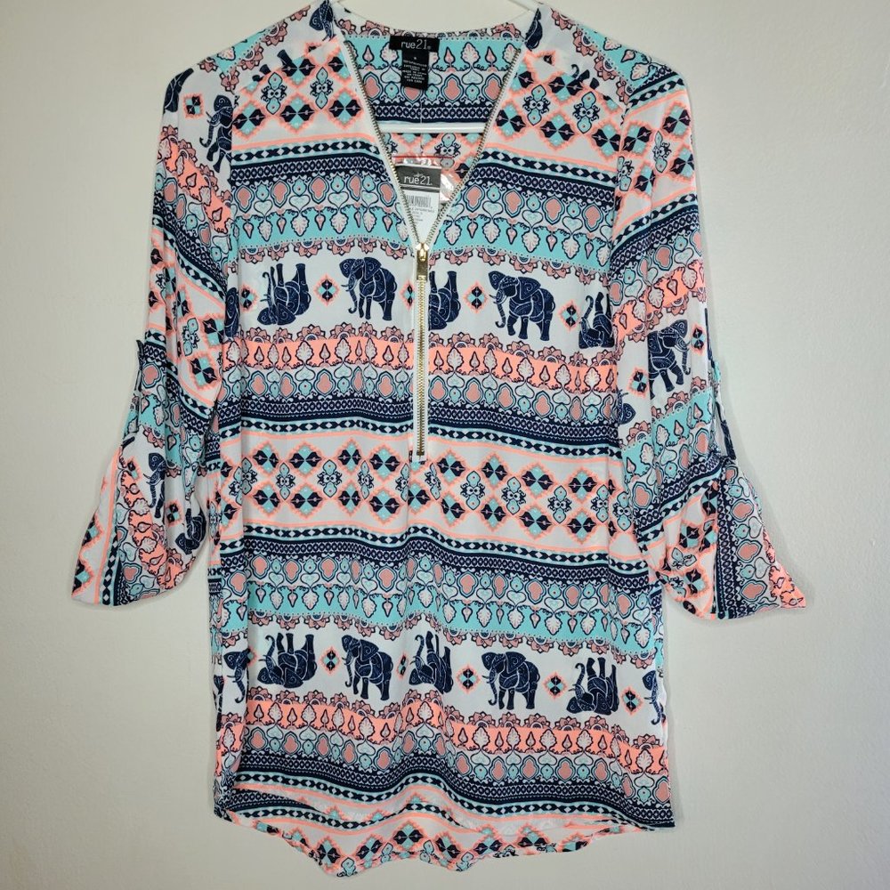 NWT Rue 21 Top Small Novelty Print Multicolor Elephant Gold Zip Boho Teacher